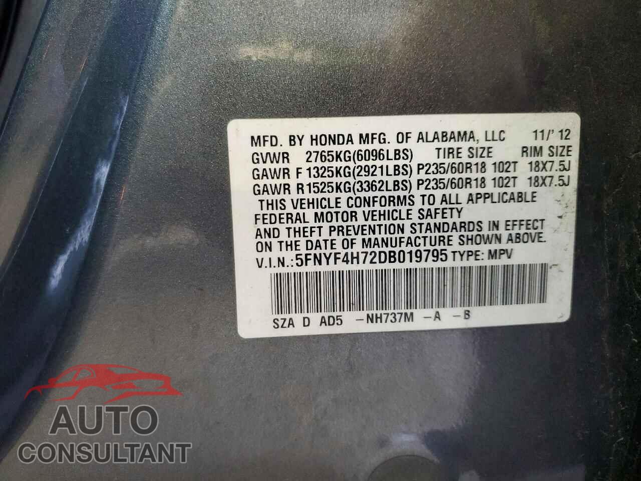HONDA PILOT 2013 - 5FNYF4H72DB019795