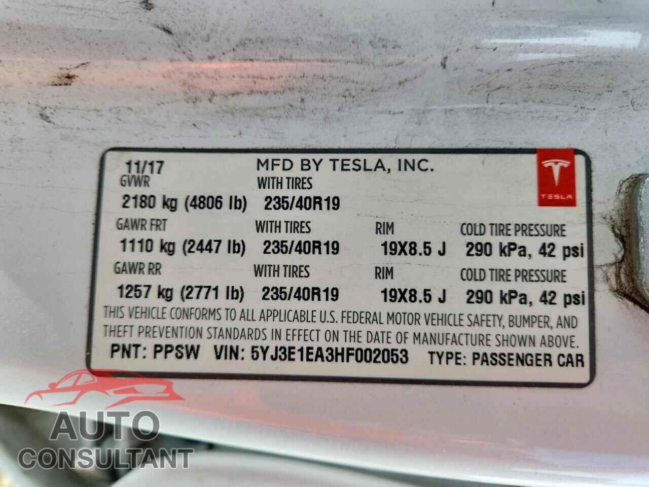 TESLA MODEL 3 2017 - 5YJ3E1EA3HF002053