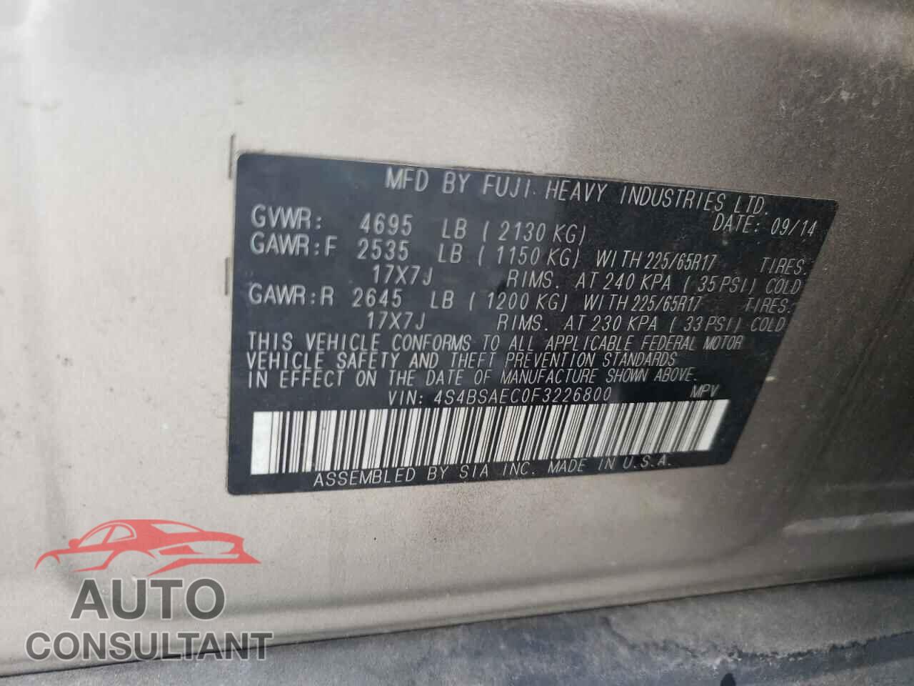 SUBARU OUTBACK 2015 - 4S4BSAEC0F3226800