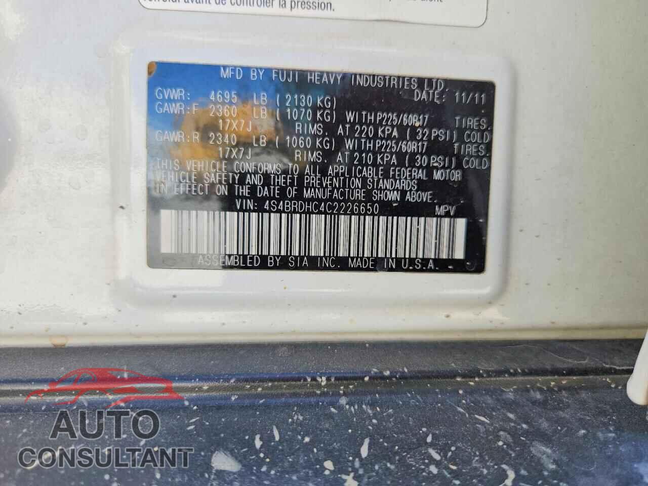 SUBARU OUTBACK 2012 - 4S4BRDHC4C2226650