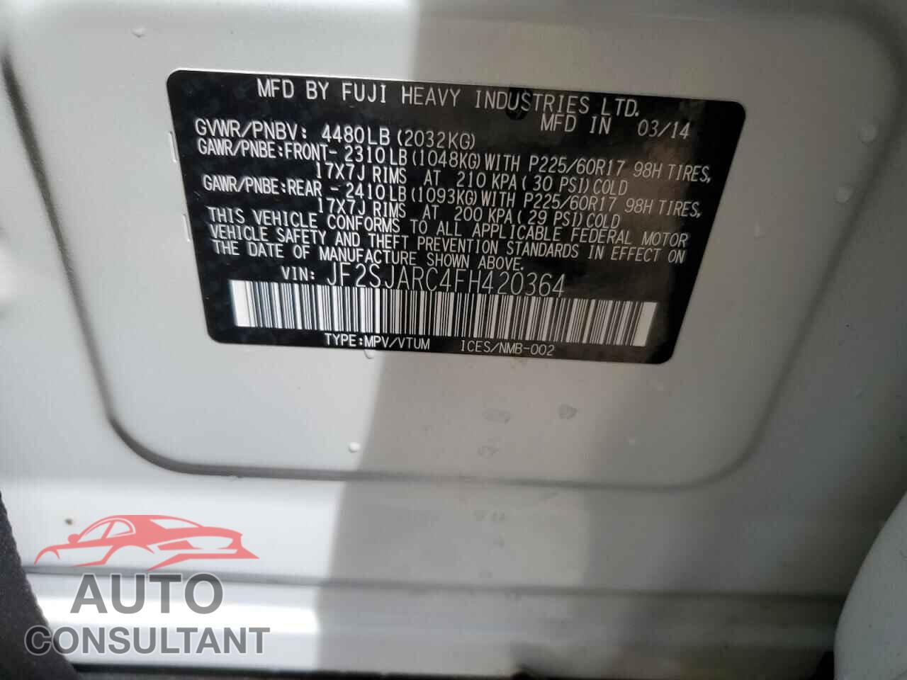 SUBARU FORESTER 2015 - JF2SJARC4FH420364