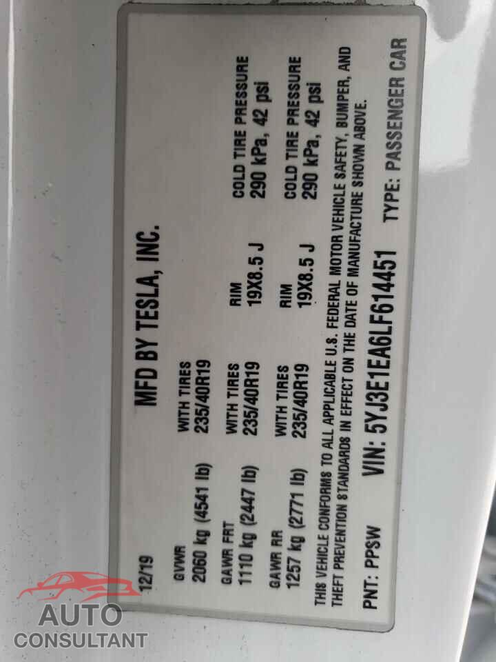 TESLA MODEL 3 2020 - 5YJ3E1EA6LF614451