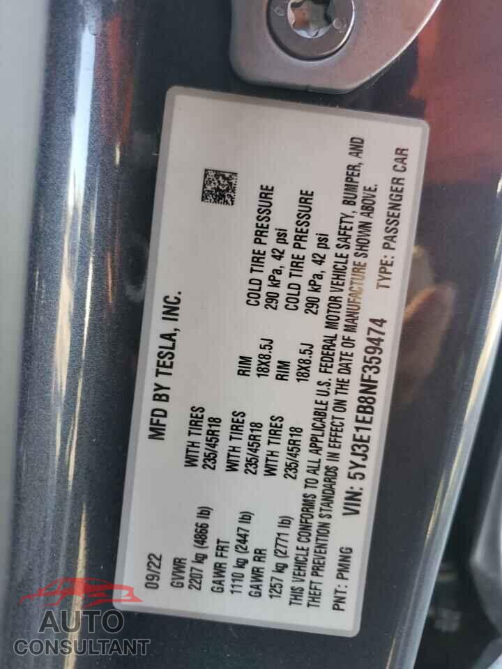TESLA MODEL 3 2022 - 5YJ3E1EB8NF359474