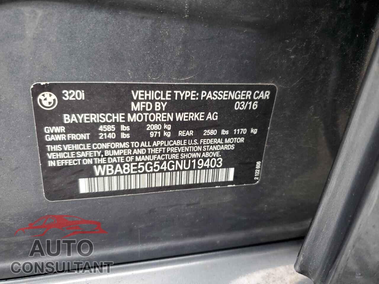 BMW 3 SERIES 2016 - WBA8E5G54GNU19403