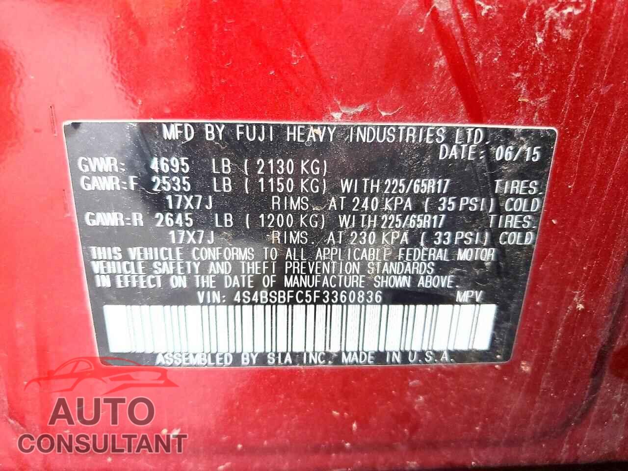 SUBARU OUTBACK 2015 - 4S4BSBFC5F3360836