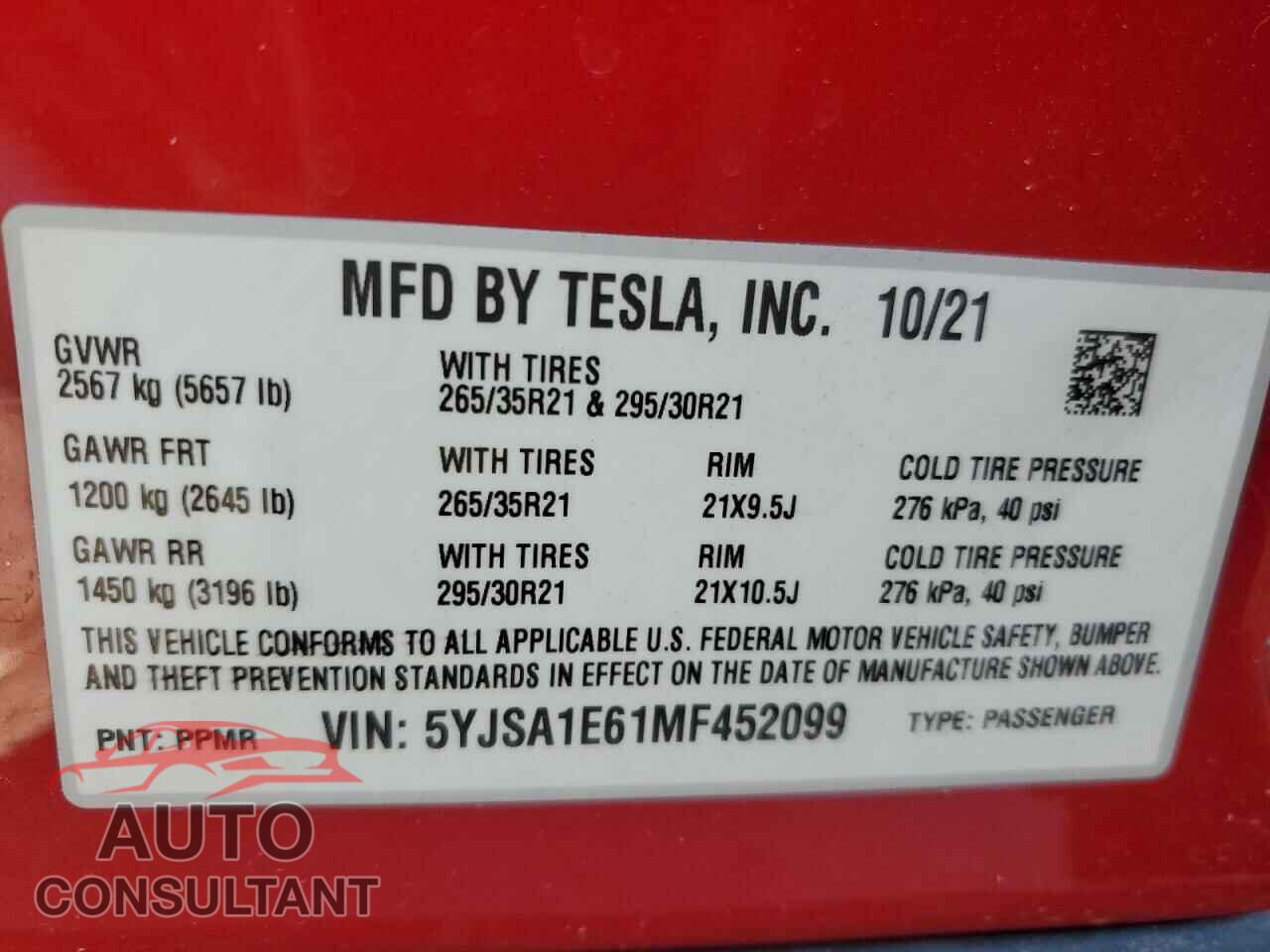 TESLA MODEL S 2021 - 5YJSA1E61MF452099