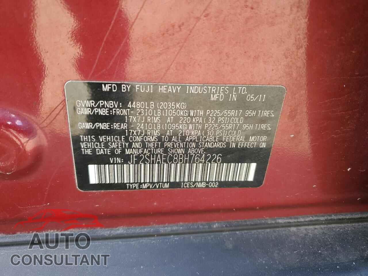 SUBARU FORESTER 2011 - JF2SHAEC8BH764226