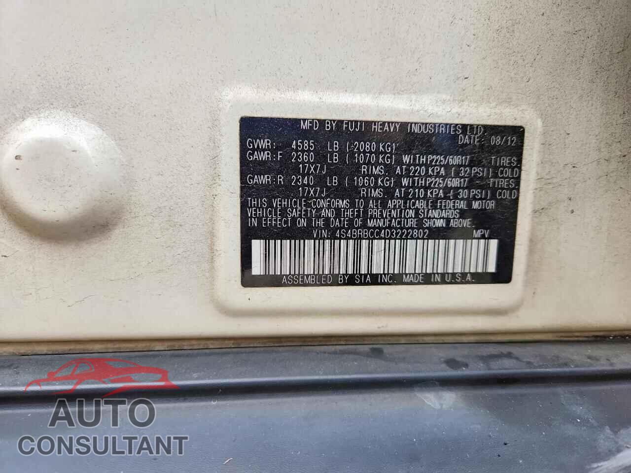 SUBARU OUTBACK 2013 - 4S4BRBCC4D3222802