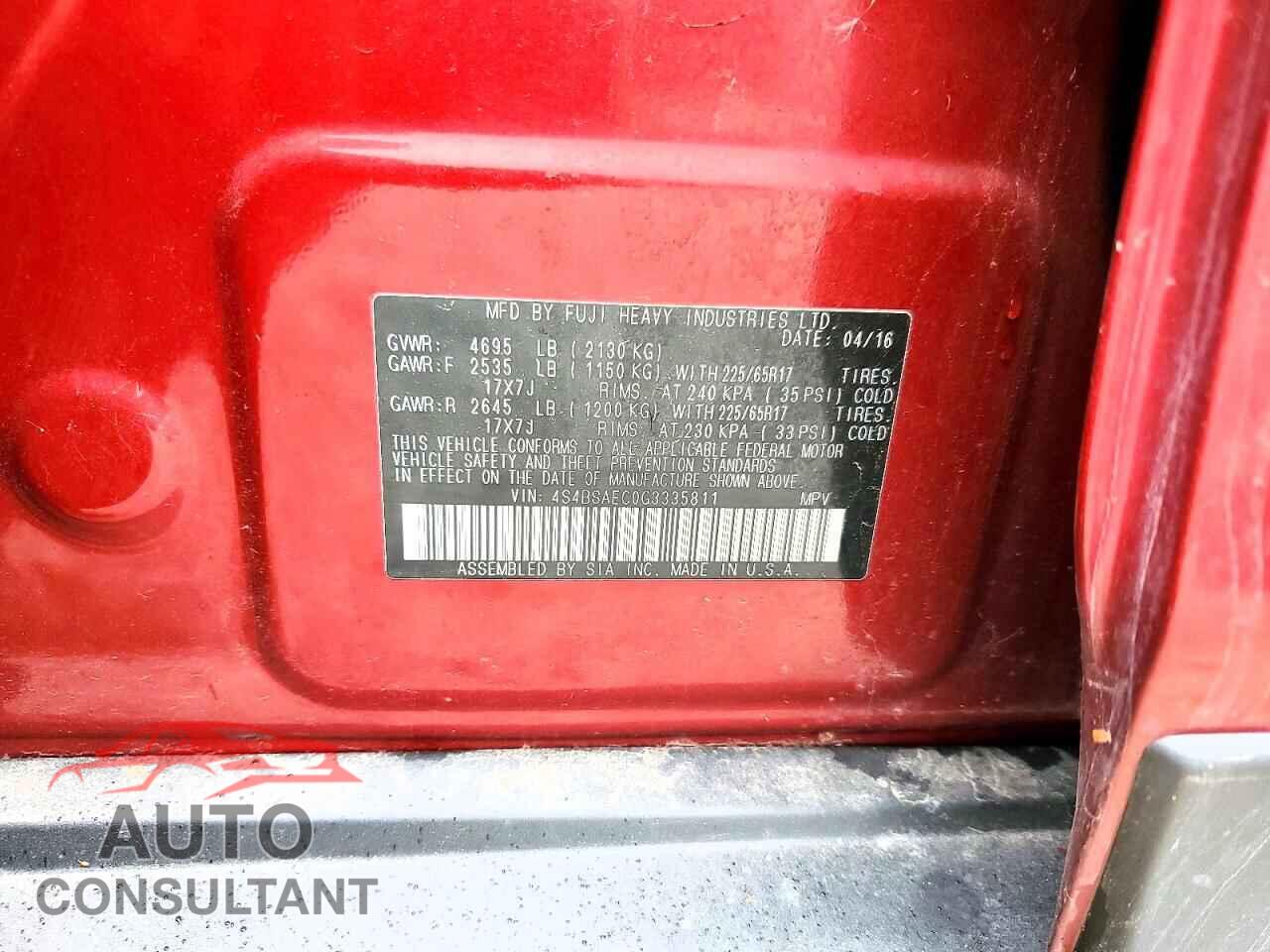 SUBARU OUTBACK 2016 - 4S4BSAEC0G3335811
