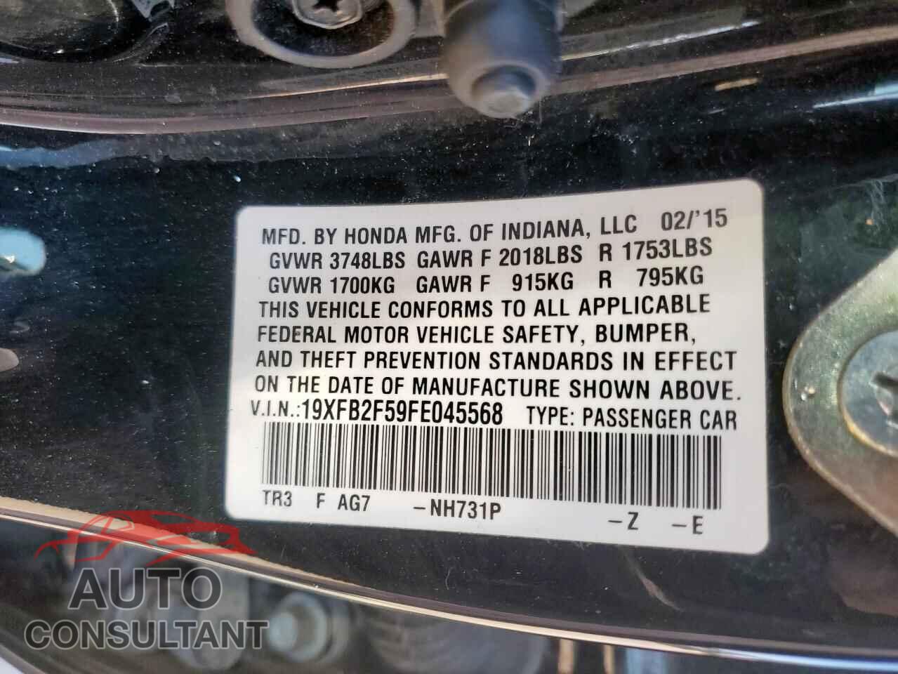 HONDA CIVIC 2015 - 19XFB2F59FE045568