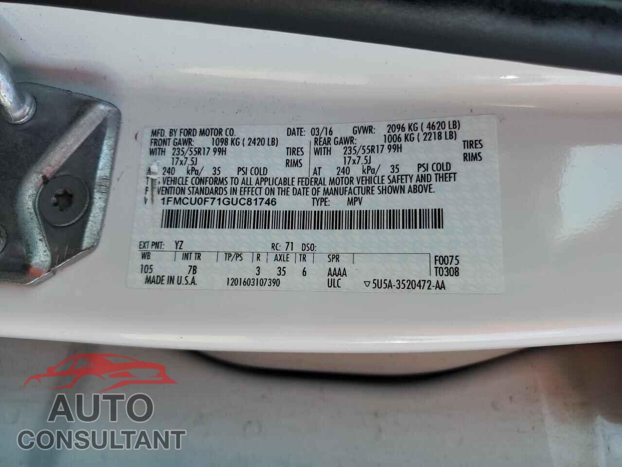 FORD ESCAPE 2016 - 1FMCU0F71GUC81746