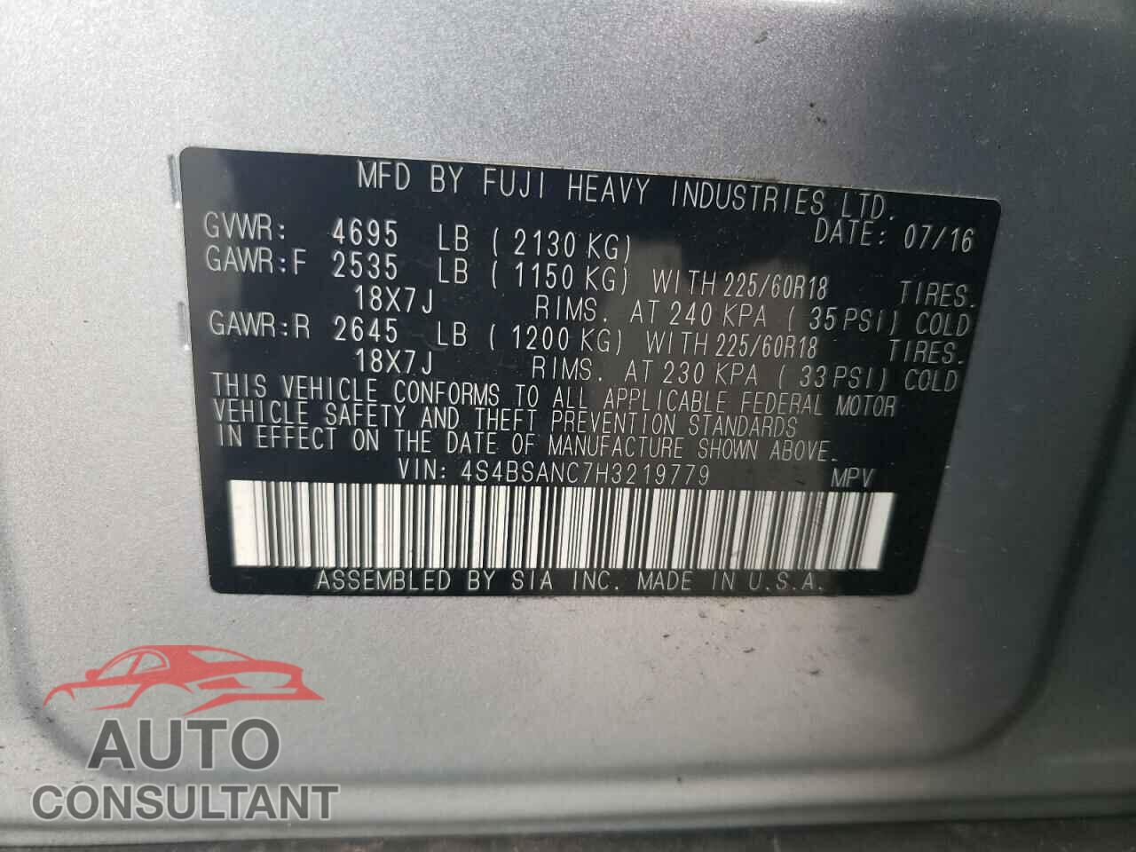 SUBARU OUTBACK 2017 - 4S4BSANC7H3219779