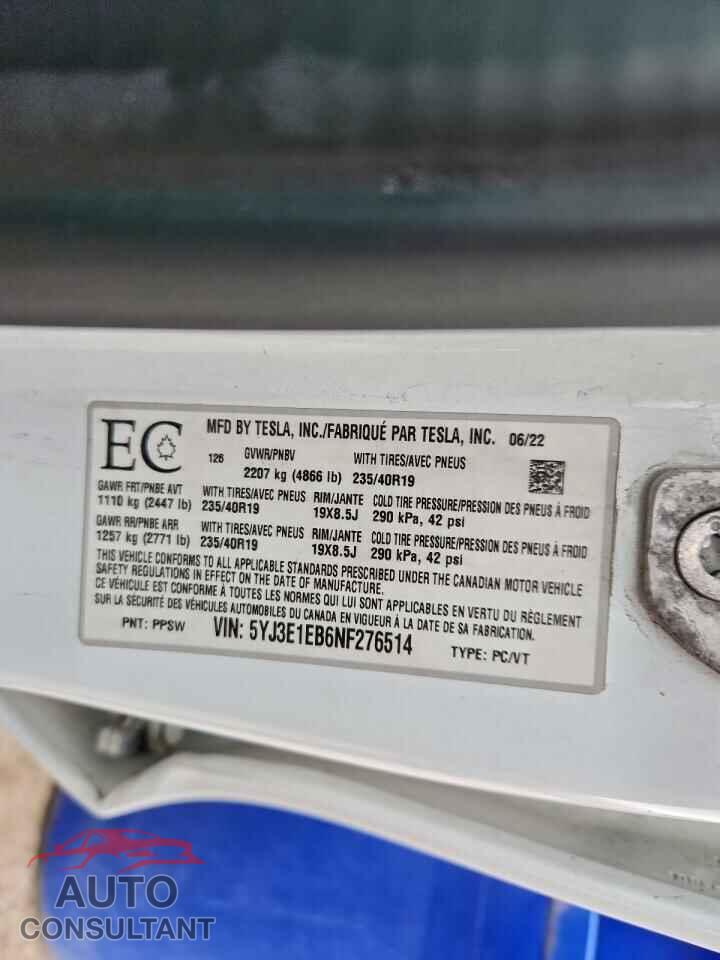 TESLA MODEL 3 2022 - 5YJ3E1EB6NF276514