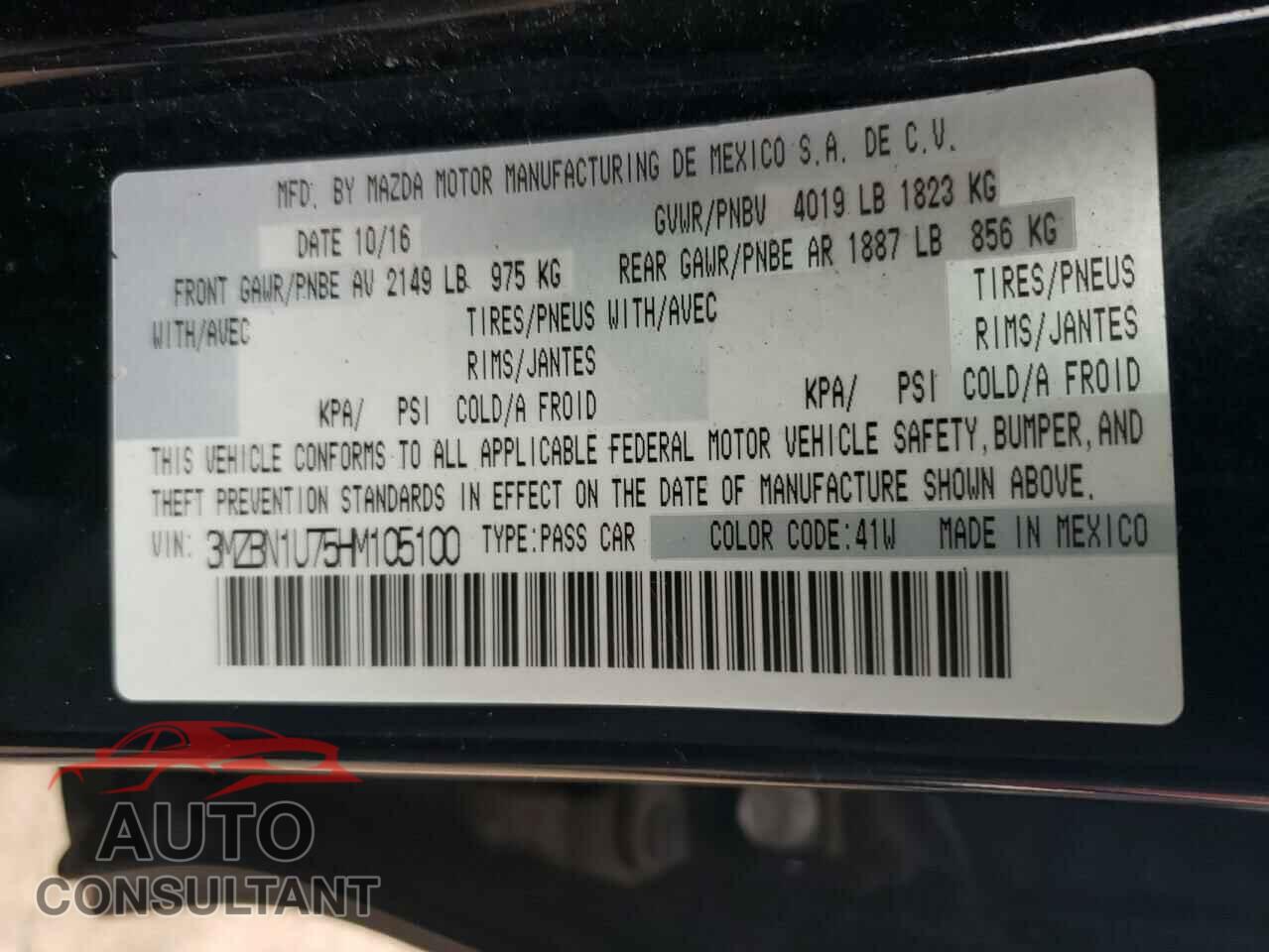 MAZDA 3 2017 - 3MZBN1U75HM105100