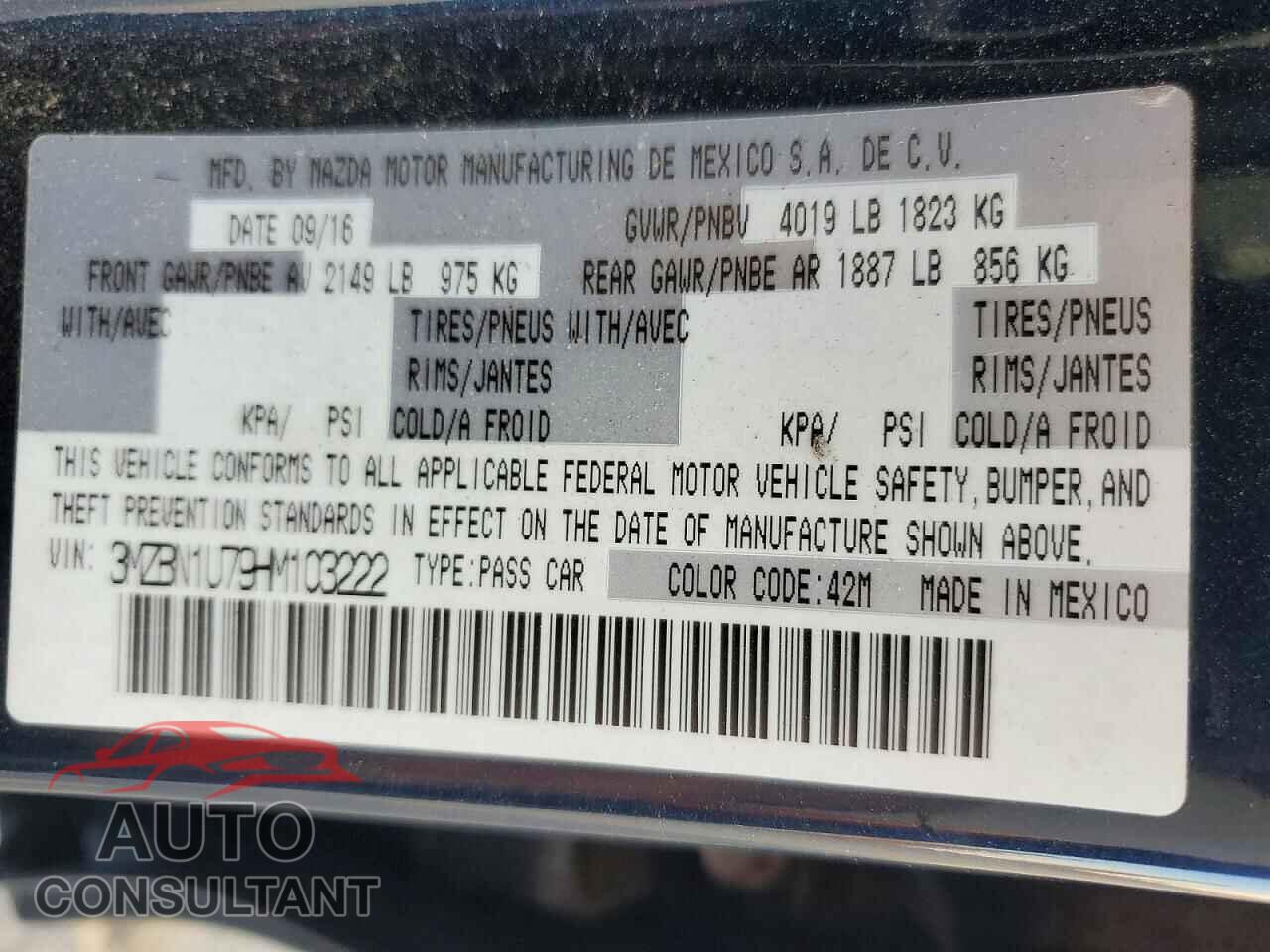 MAZDA 3 2017 - 3MZBN1U79HM103222