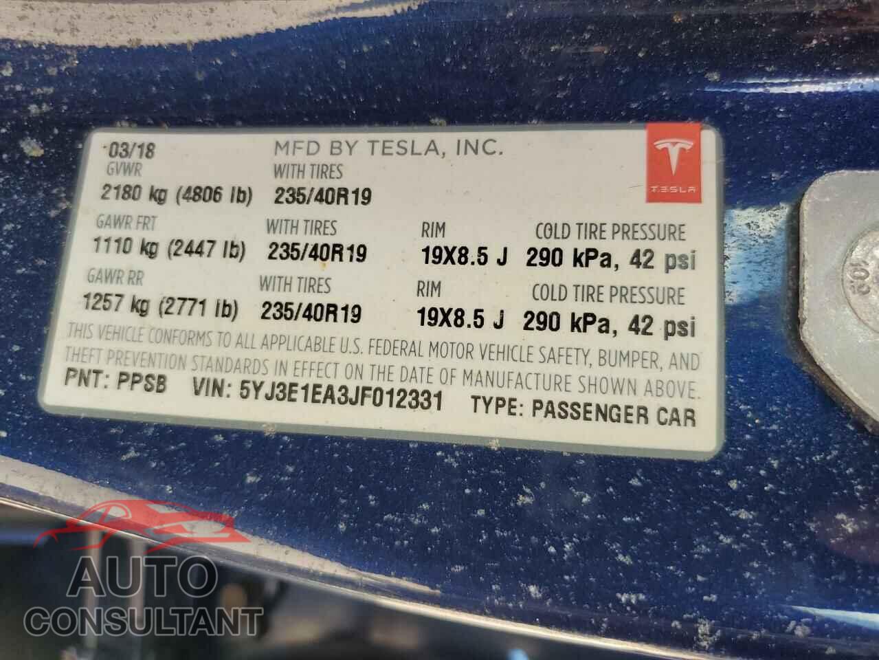 TESLA MODEL 3 2018 - 5YJ3E1EA3JF012331