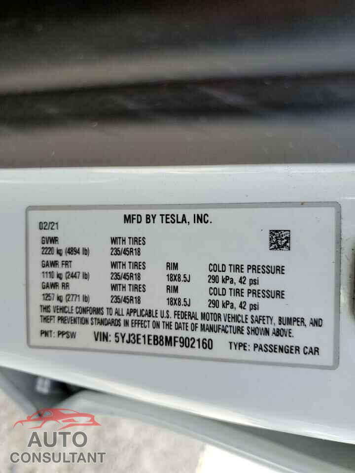 TESLA MODEL 3 2021 - 5YJ3E1EB8MF902160
