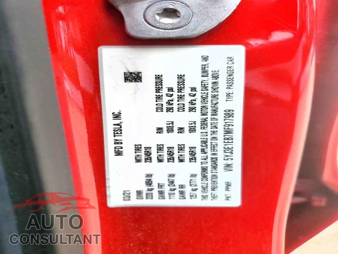 TESLA MODEL 3 2021 - 5YJ3E1EB7MF917989