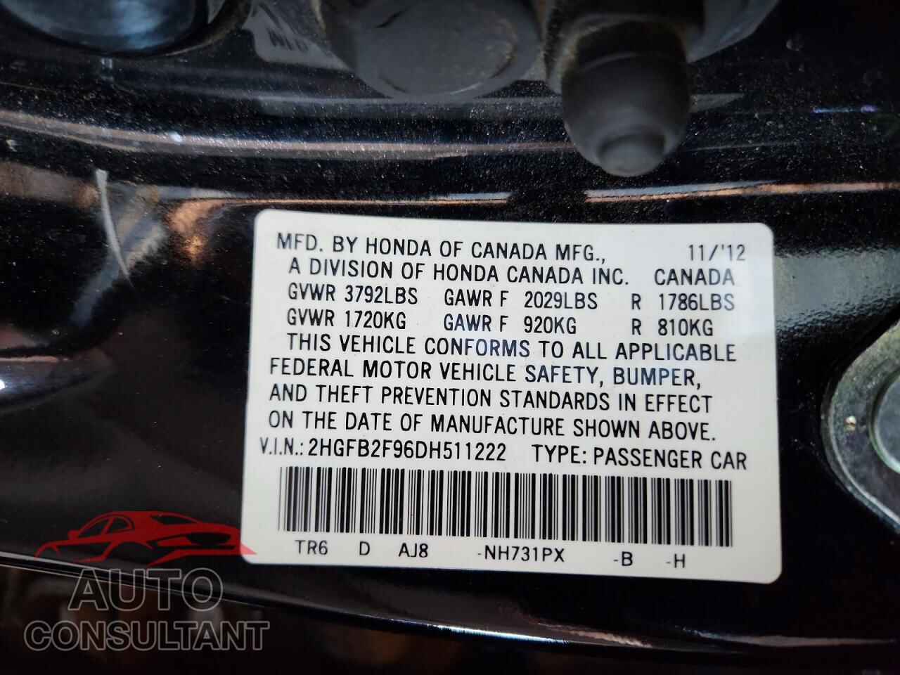 HONDA CIVIC 2013 - 2HGFB2F96DH511222