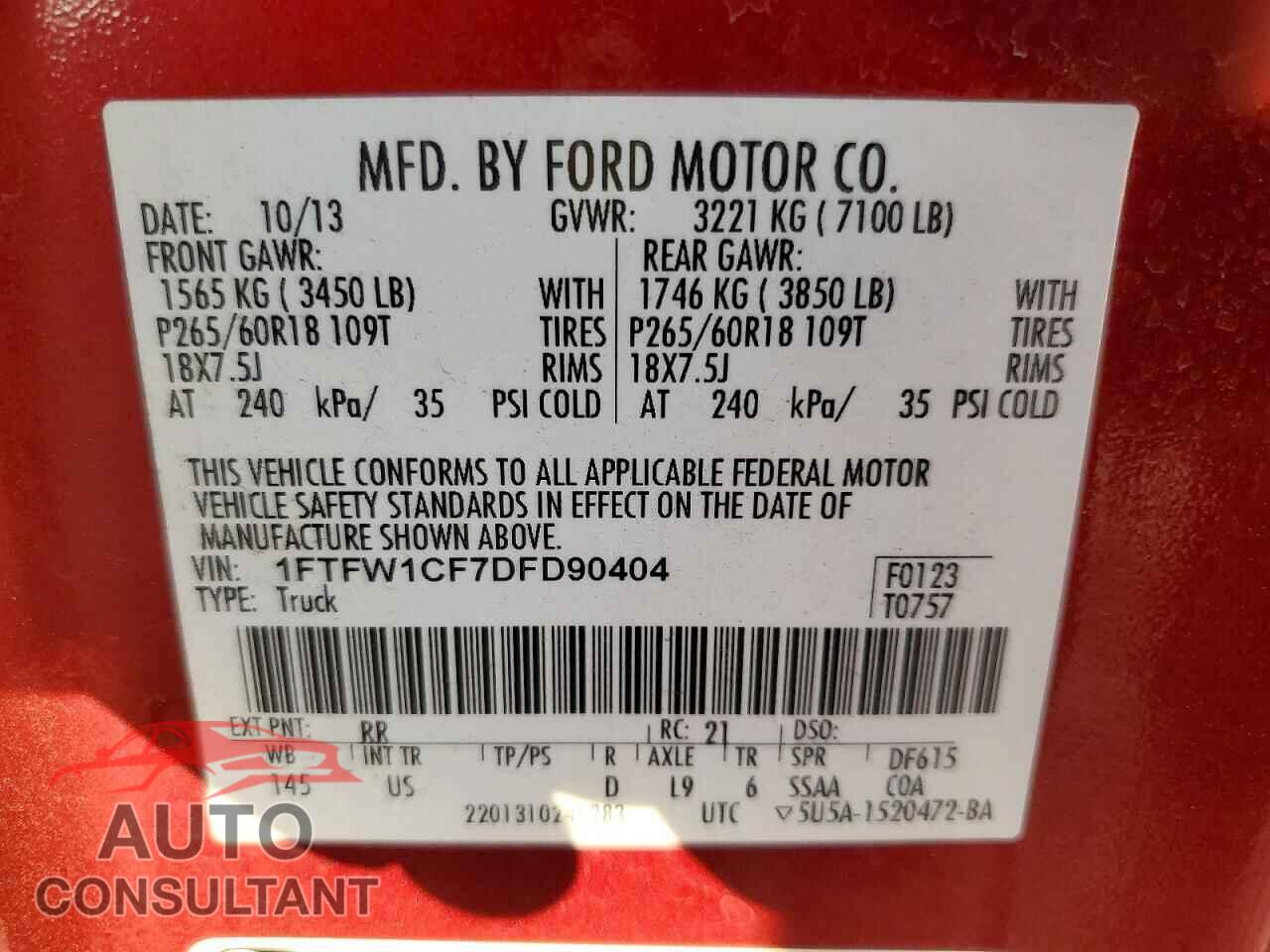 FORD F150 2013 - 1FTFW1CF7DFD90404