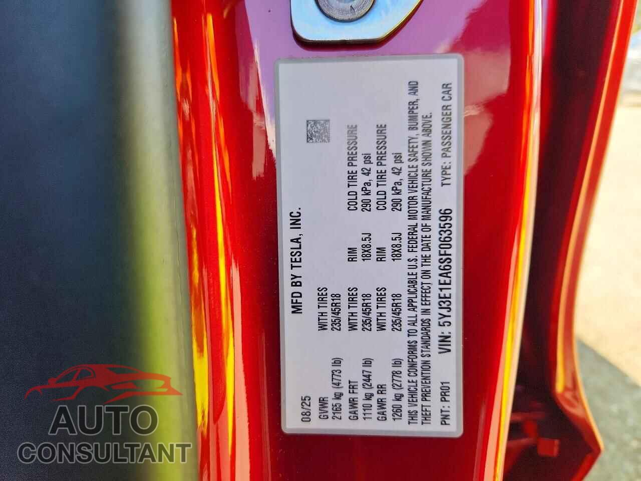 TESLA MODEL 3 2025 - 5YJ3E1EA6SF063596