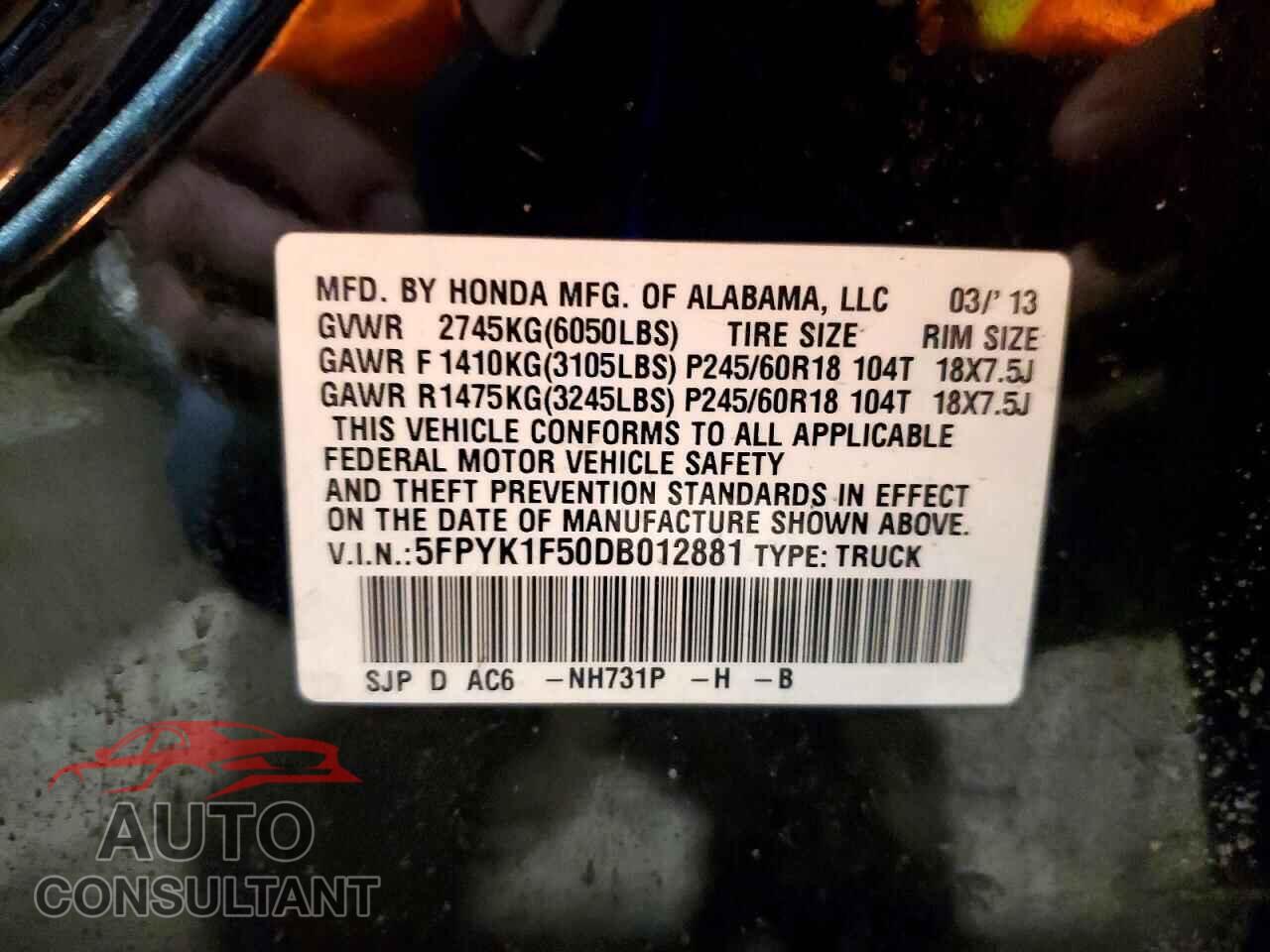 HONDA RIDGELINE 2013 - 5FPYK1F50DB012881