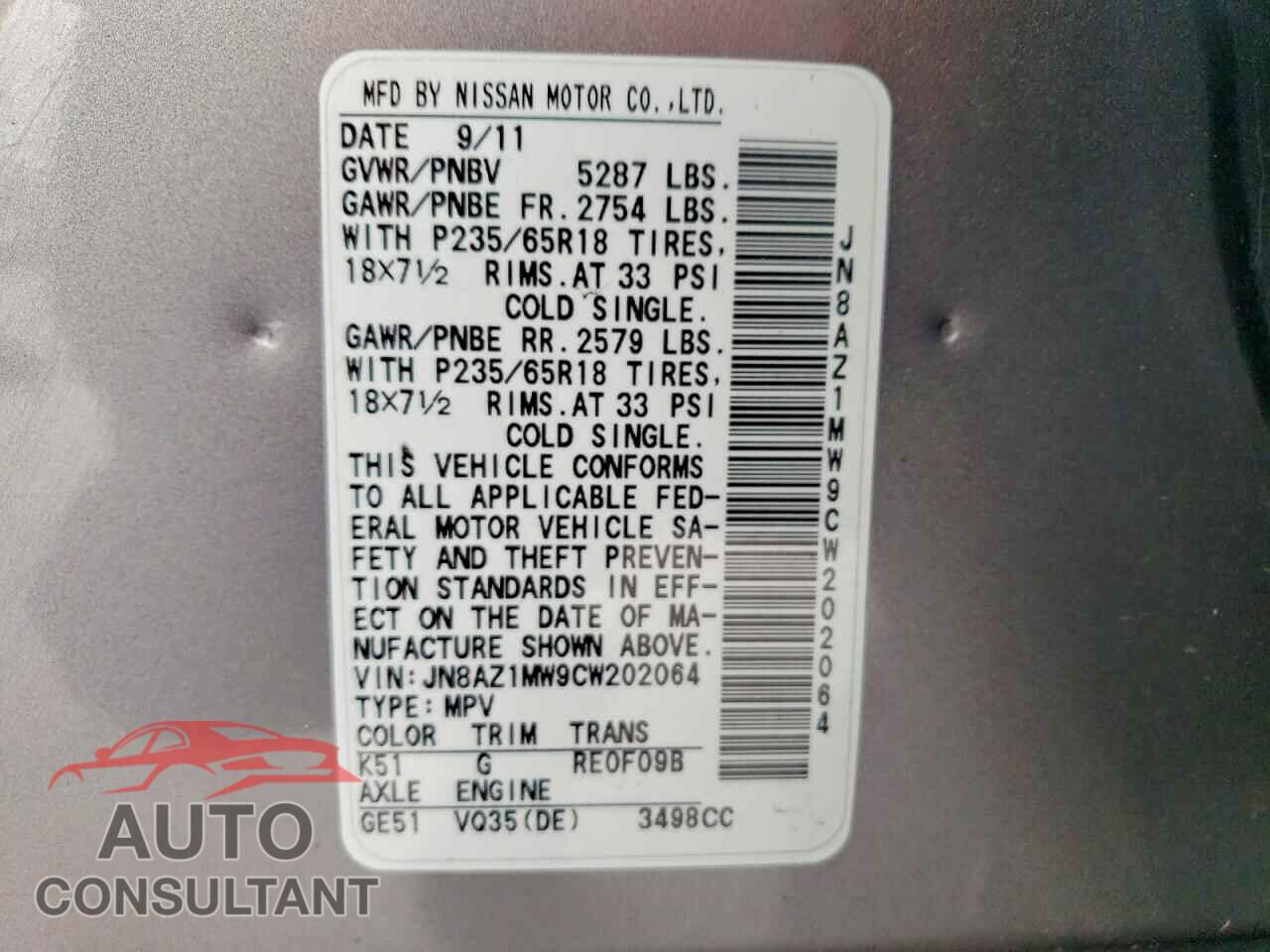 NISSAN MURANO 2012 - JN8AZ1MW9CW202064