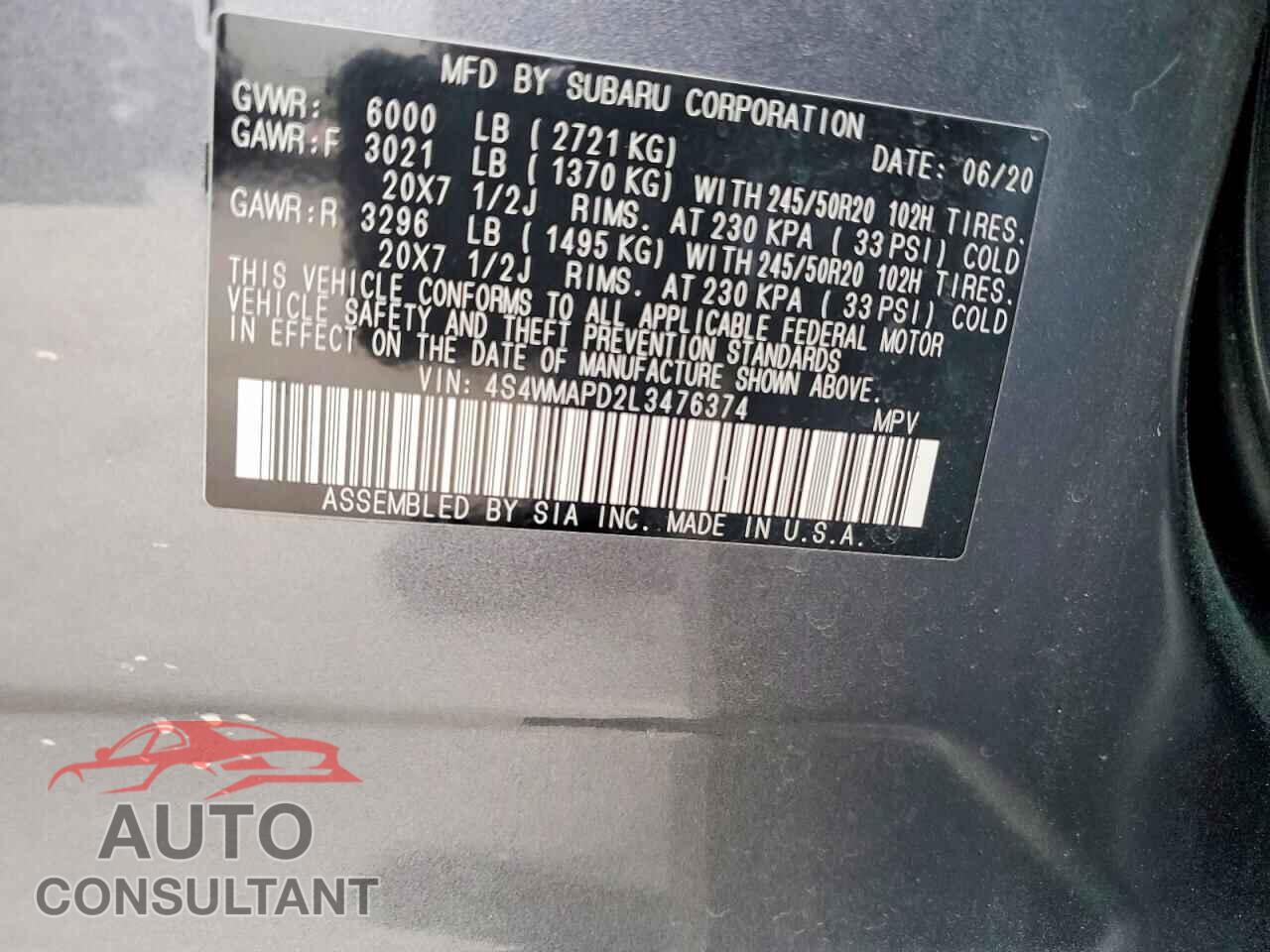 SUBARU ASCENT 2020 - 4S4WMAPD2L3476374