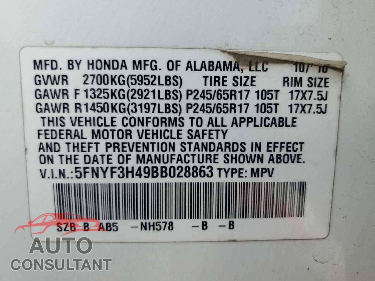 HONDA PILOT 2011 - 5FNYF3H49BB028863