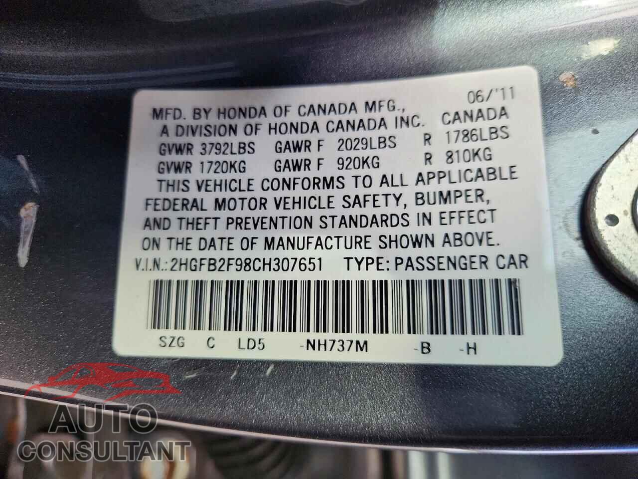 HONDA CIVIC 2012 - 2HGFB2F98CH307651