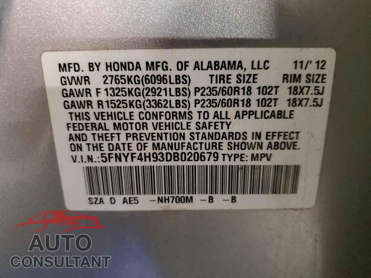 HONDA PILOT 2013 - 5FNYF4H93DB020679