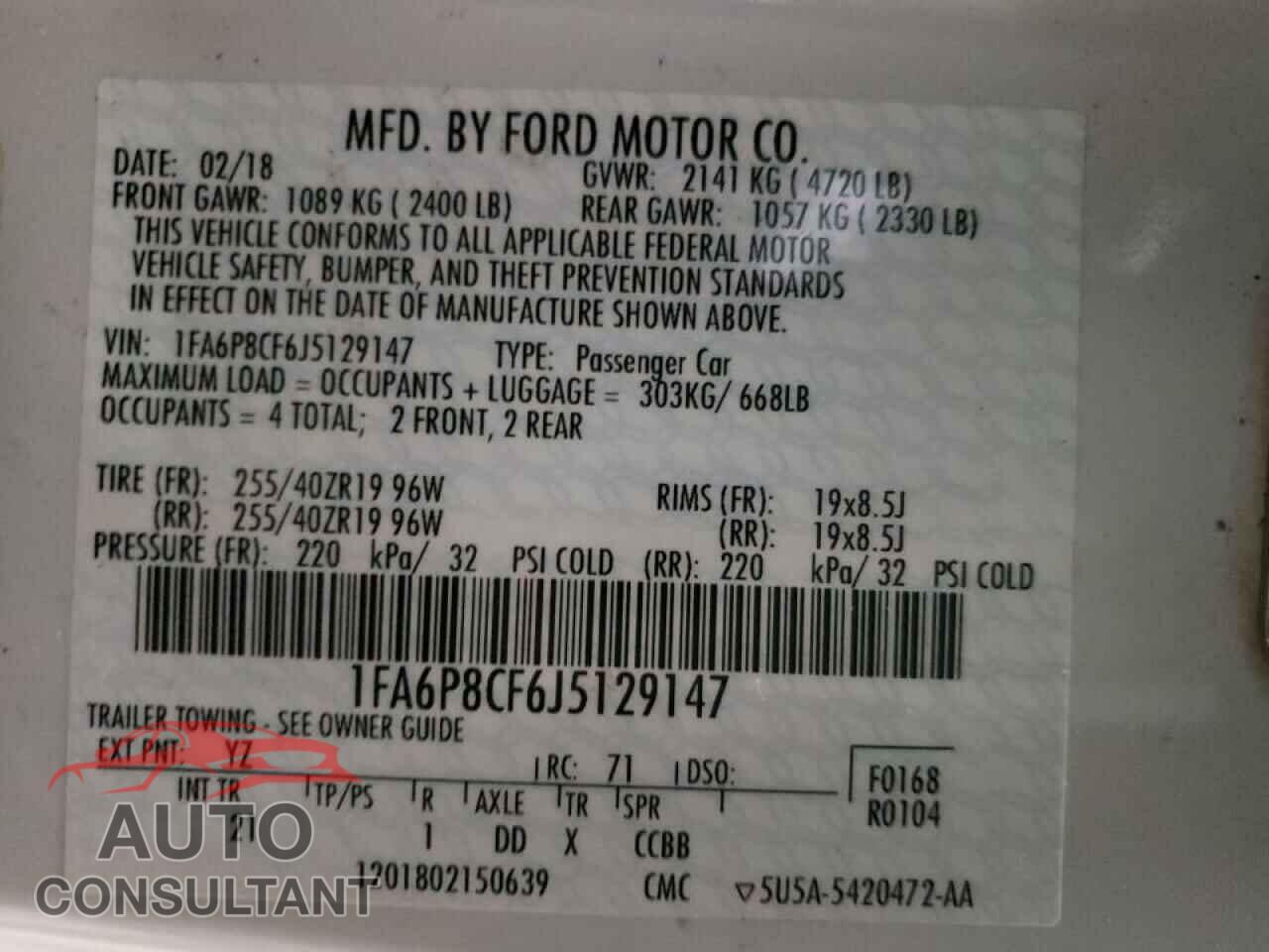 FORD MUSTANG 2018 - 1FA6P8CF6J5129147