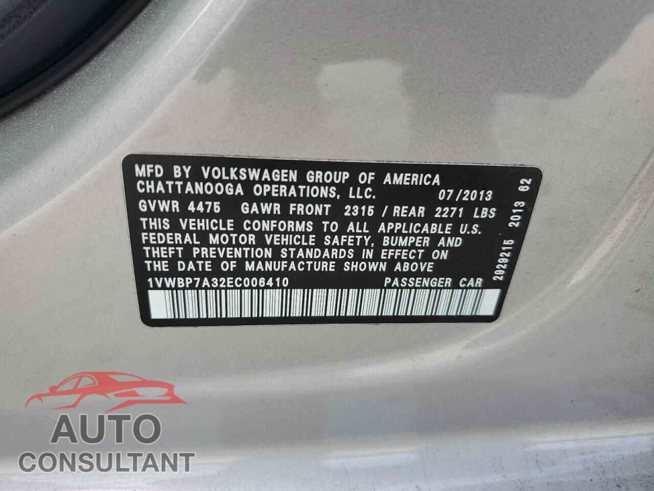 VOLKSWAGEN PASSAT 2014 - 1VWBP7A32EC006410