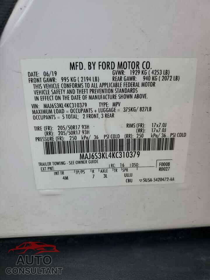 FORD ECOSPORT 2019 - MAJ6S3KL4KC310379