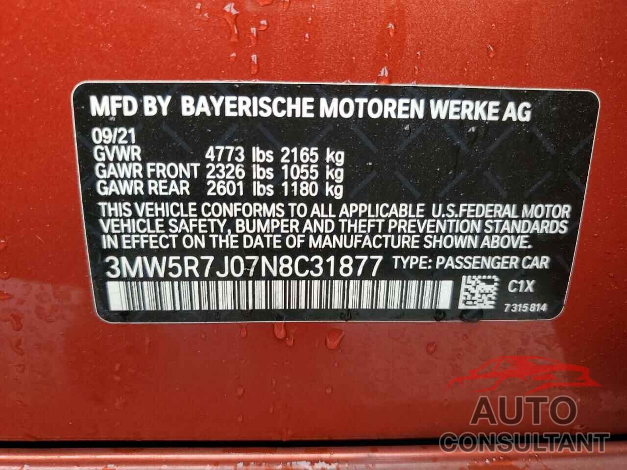 BMW 3 SERIES 2022 - 3MW5R7J07N8C31877