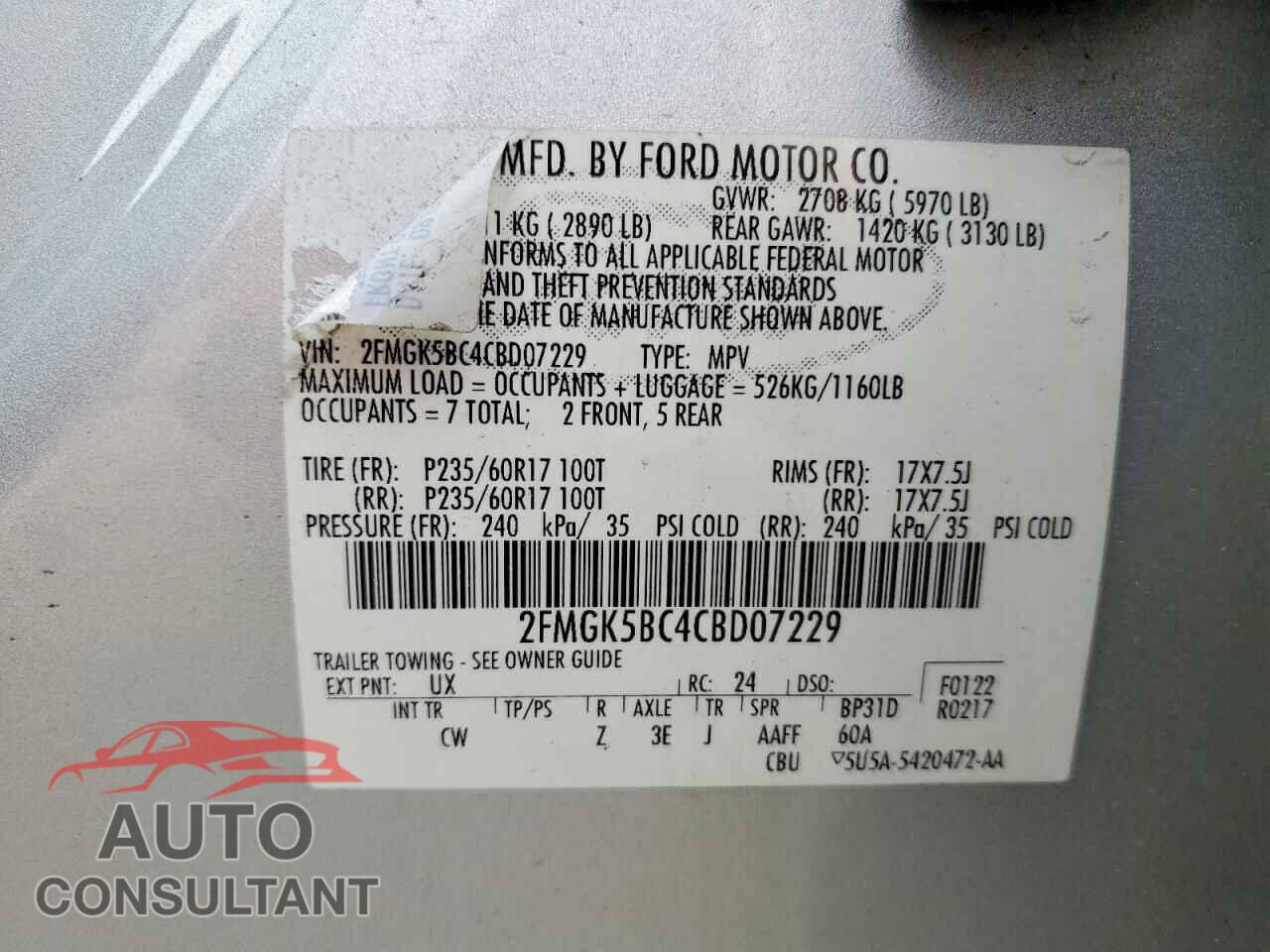 FORD FLEX 2012 - 2FMGK5BC4CBD07229