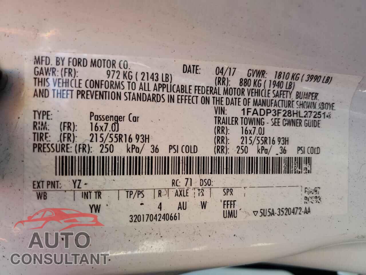 FORD FOCUS 2017 - 1FADP3F28HL272514