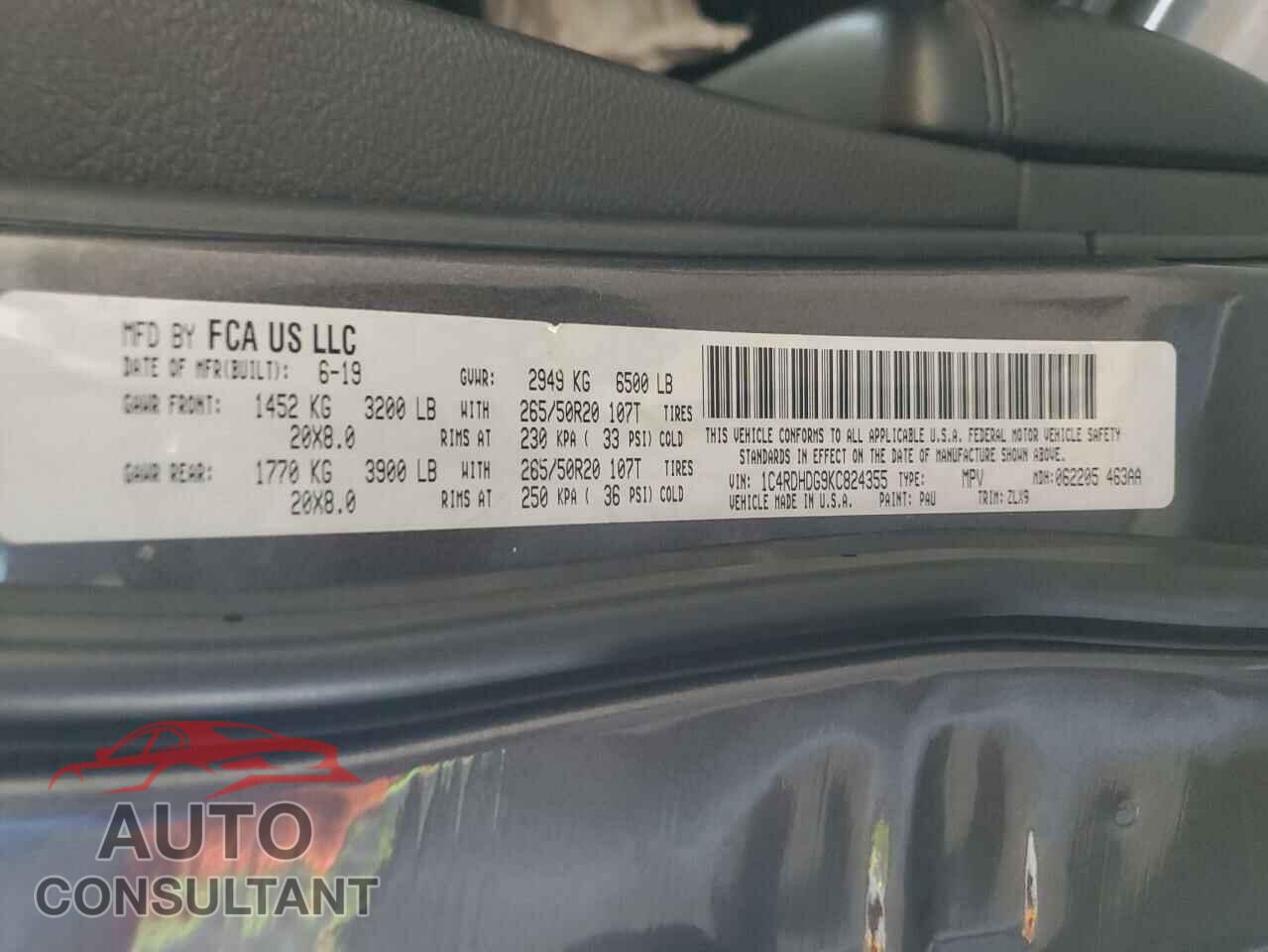 DODGE DURANGO 2019 - 1C4RDHDG9KC824355