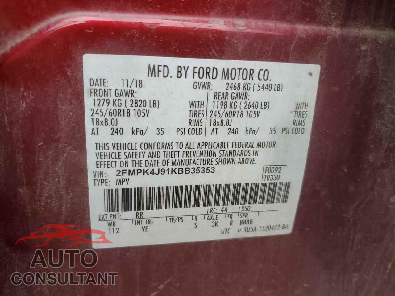 FORD EDGE 2019 - 2FMPK4J91KBB35353