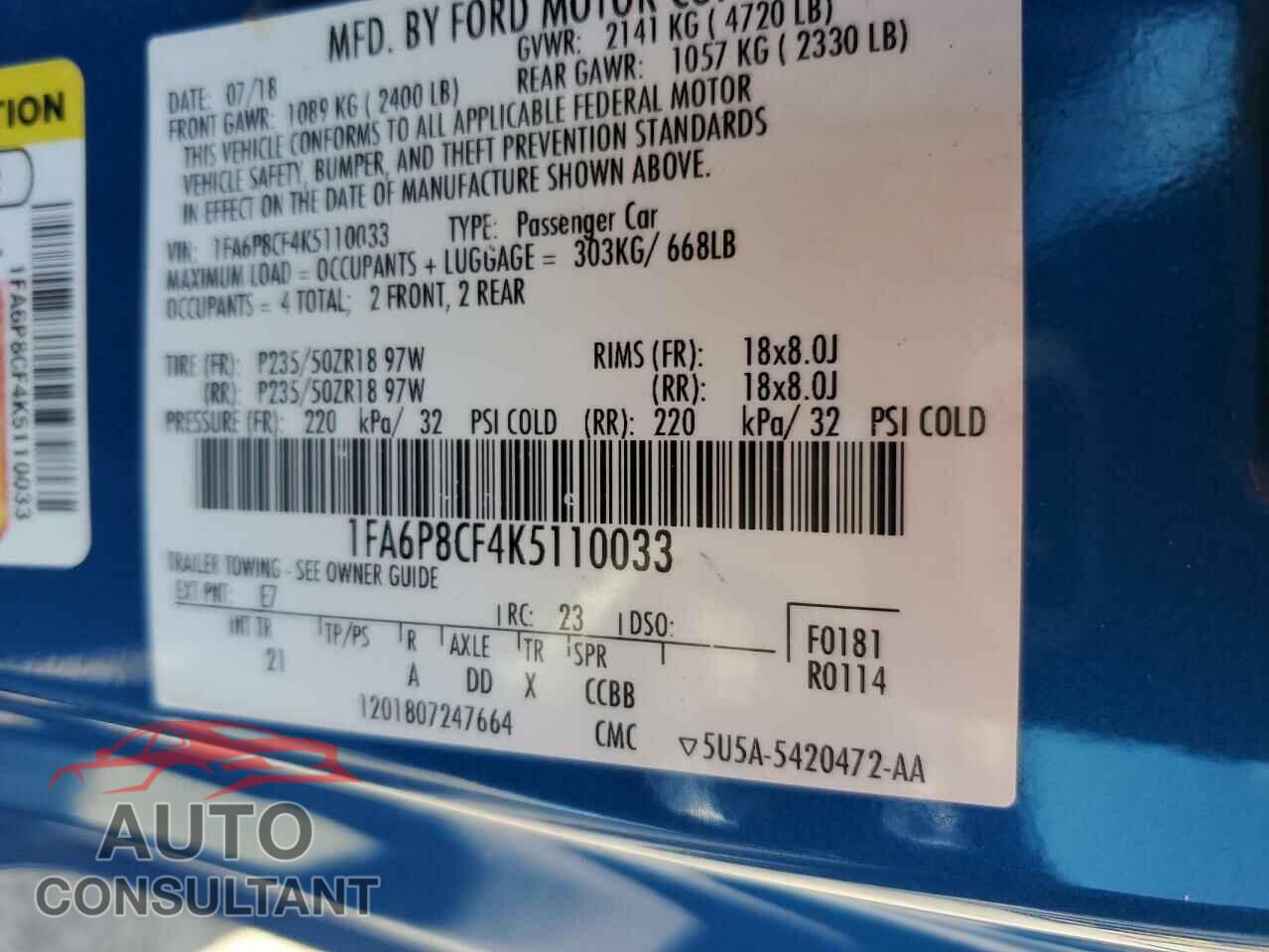 FORD MUSTANG 2019 - 1FA6P8CF4K5110033