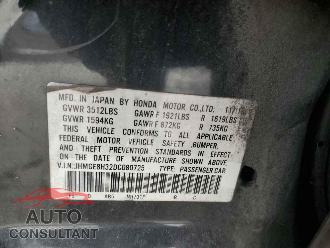 HONDA FIT 2013 - JHMGE8H32DC080725