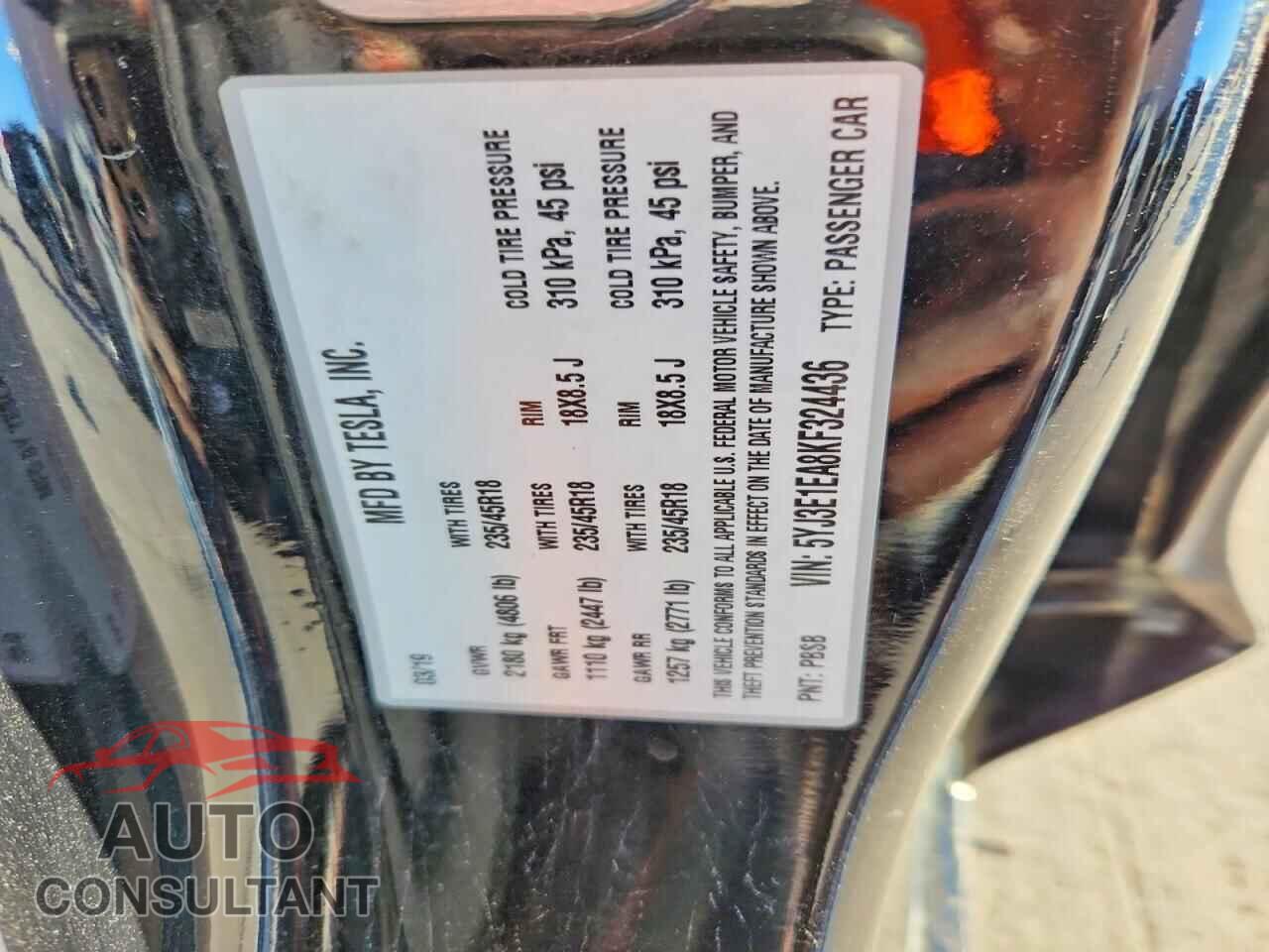 TESLA MODEL 3 2019 - 5YJ3E1EA8KF324436