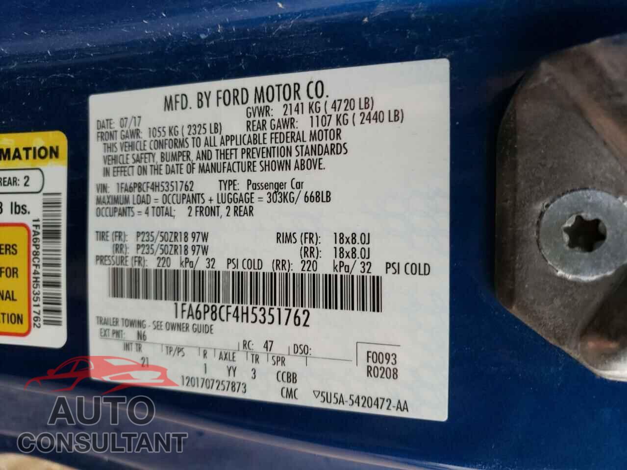 FORD MUSTANG 2017 - 1FA6P8CF4H5351762