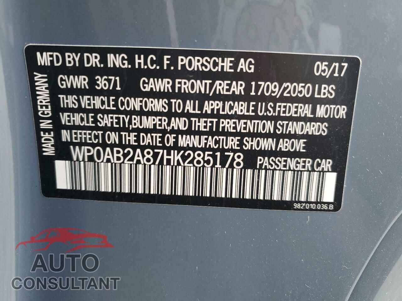 PORSCHE CAYMAN 2017 - WP0AB2A87HK285178