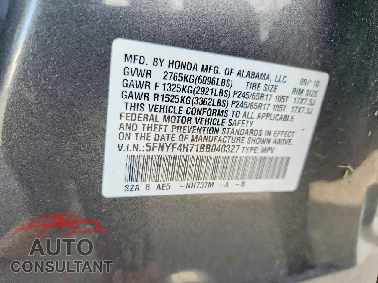 HONDA PILOT 2011 - 5FNYF4H71BB040327