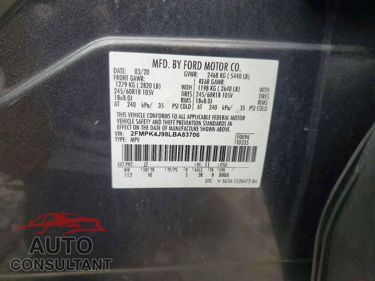 FORD EDGE 2020 - 2FMPK4J98LBA83706
