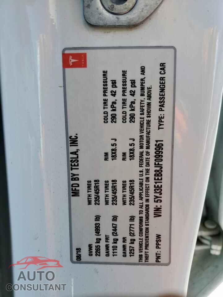 TESLA MODEL 3 2018 - 5YJ3E1EB8JF099961