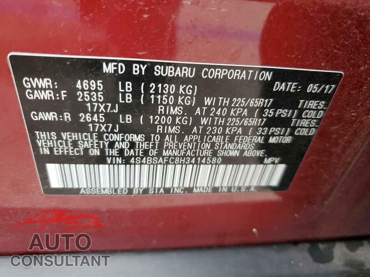 SUBARU OUTBACK 2017 - 4S4BSAFC8H3414580