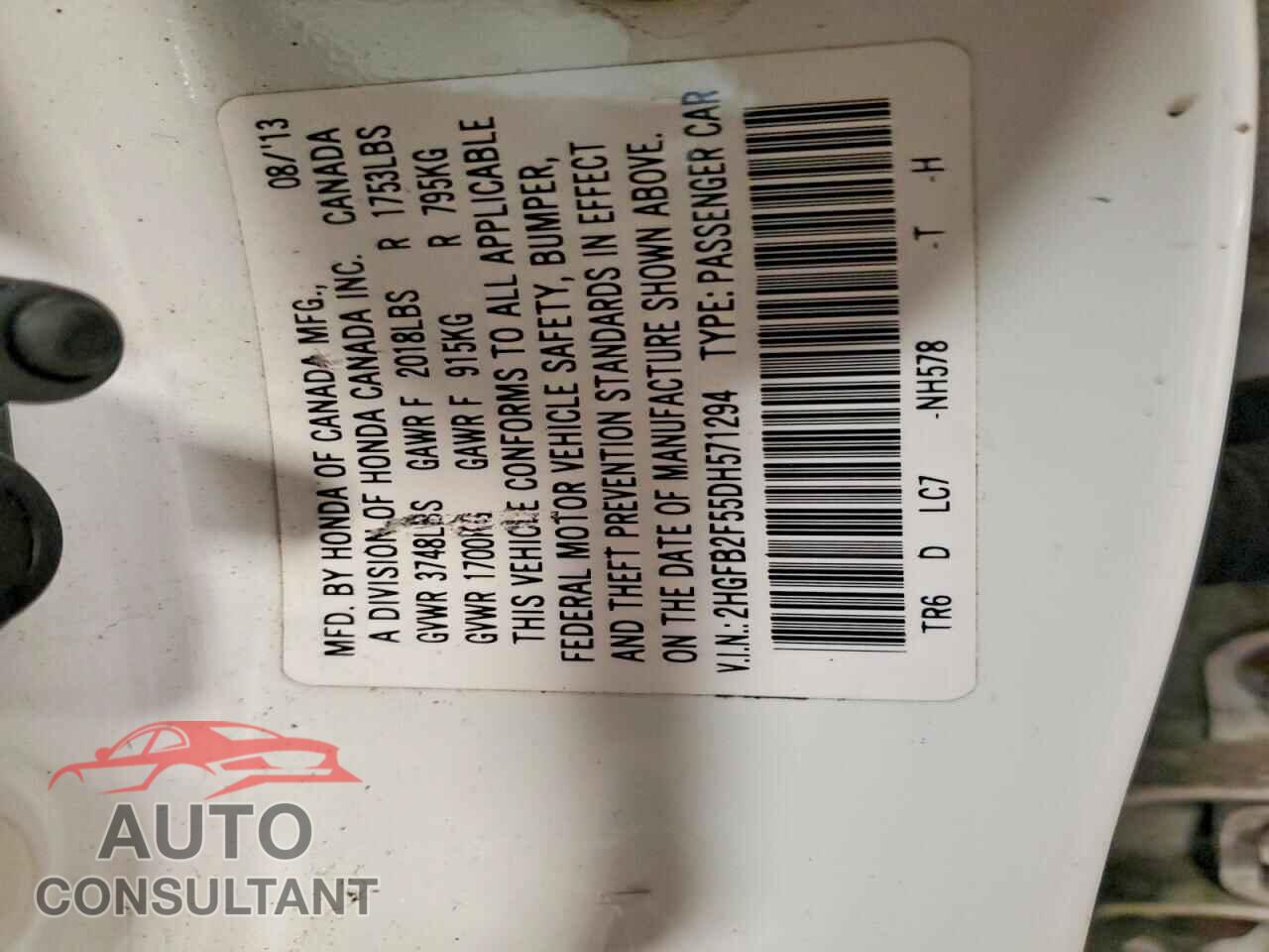 HONDA CIVIC 2013 - 2HGFB2F55DH571294