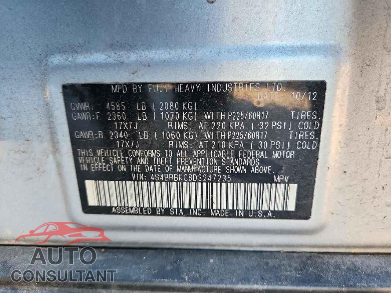 SUBARU OUTBACK 2013 - 4S4BRBKC8D3247235